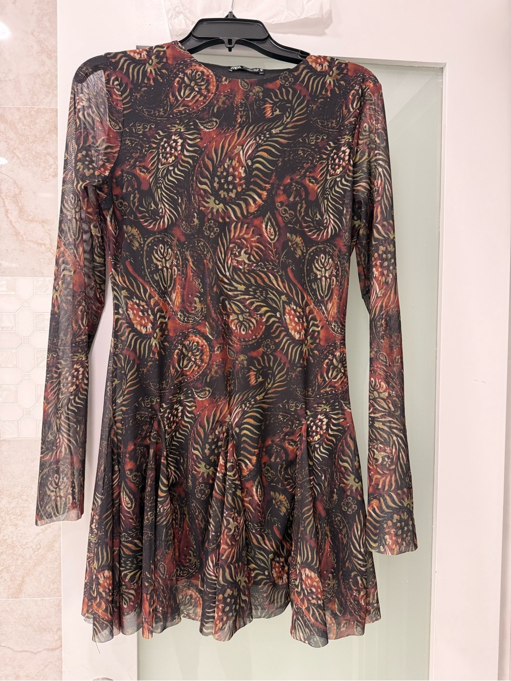Zara Long-Sleeve Fit-and-Flare Dress in Rust, Black & Olive